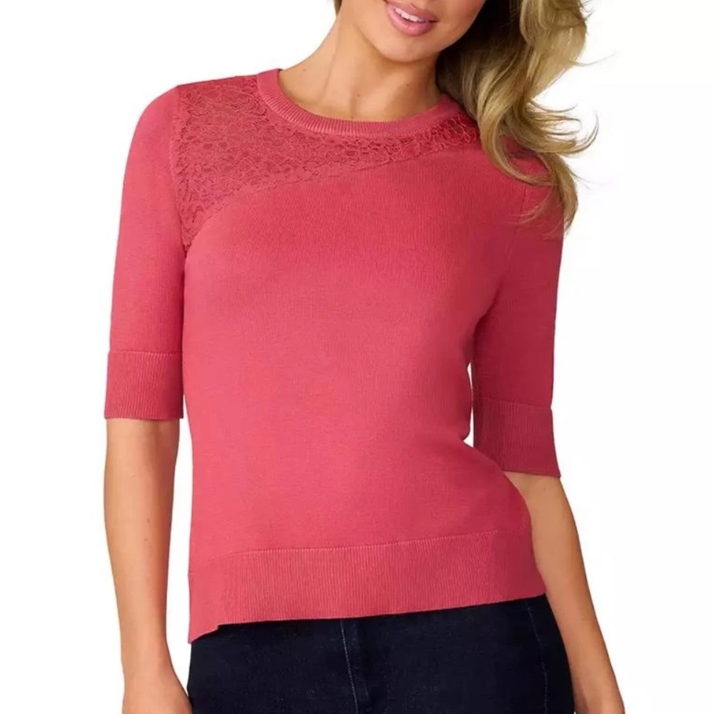 NWT $46.50 Melissa Paige Lace Panel Elbow Sleeve Sweater Size XS Baroque Rose